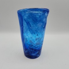 Hand Blown Art Glass Tumbler Vase Blue White Swirl 5 3/4″ Studio Unique