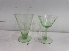 Vintage Pair of Green Uranium Glass Juice Tumbler and Stemmed Glass