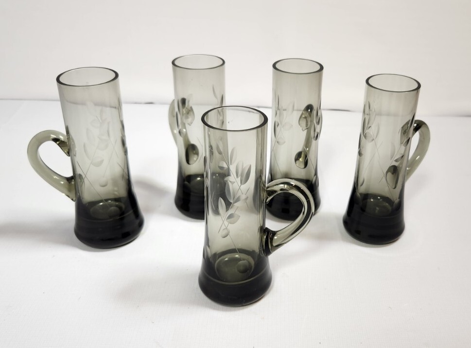 Cordial Liqueur Glasses Shot Glass Gray Crystal Cut Etched Handles Set Of 5
