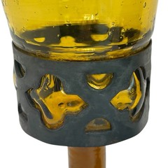 Vintage Brutalist Amber Glass Candle Holders Goblets Hand Blown Metal Wrap