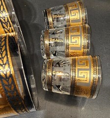 3 each CULVER Greek Key skyball & shot glasses green white gold iced tea Signed