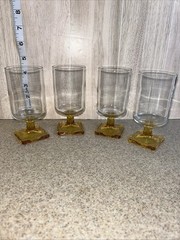 4 Federal Juice Glasses Nordic Topaz Yellow Square Foot, Mid Cent Mod, 4.75” New