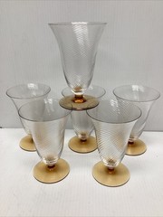 6 Vtg Hand Blown Murano Swirl Footed Drinking Glasses~Optical Twist Bowl/Amber
