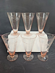 Set of 6 Pink Etched Crystal Wine Goblets – Paneled Optic Floral Pattern
