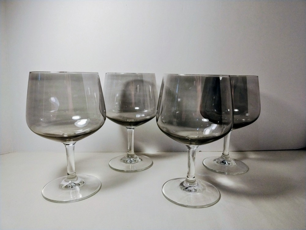 Vintage Stemmed Glasses, 1970’s, Smoky Gray Glass w/Clear Stem, Set of 4