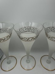 Vintage MCM Frosted White Champagne Cocktail Glasses Gold Silver Scroll Set of 4