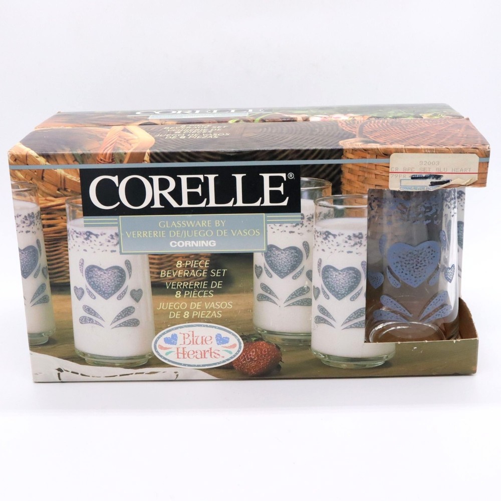 Corelle Blue Hearts 8 Pcs Set Glasses 16oz Spongeware Cottage Vintage New in Box