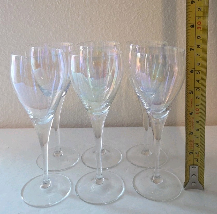 Vtg Set of 6 Iridescent Glasses Wine 7″ Hand Blown Rainbow Iris Lustre…