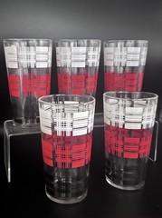 (5) Vintage Barware Hi-Ball Cocktail Glass Tumblers Black White & Red Plaid 5” T