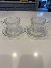 Lot Of 2 Jeanette Glass Iris & Herringbone Crystal Cup/Saucer Set