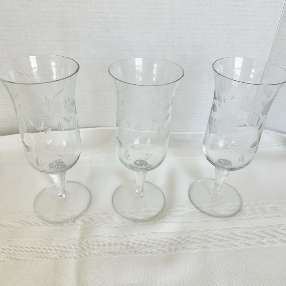 3 Vintage Parfait Glasses Etched Footed Floral Goblet MCM Dessert 8.5″ Tall