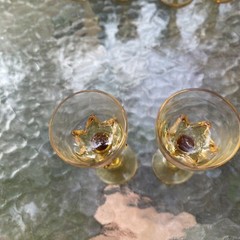 Boho Chic Vintage MCM Liqueur Glasses, Clear with Amber Coloured Stems Set Of 2