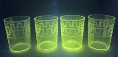 Vintage/Antique Set Of 4 Manganese Etched Greek Key 3.75” Lowball/Juice Glasses