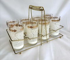 Vtg Hazel Atlas White Lace & Gold Americana Tumbler Glasses Set of 8 With Rack
