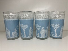 Set of 4 Vintage Jeannette Roman Greek Hellenic Blue Glasses 5″