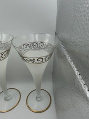 Vintage MCM Frosted White Champagne Cocktail Glasses Gold Silver Scroll Set of 4