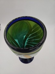 Mexican Hand Painted Hand Blown Wine Goblet Cobalt Blue Flower Themed