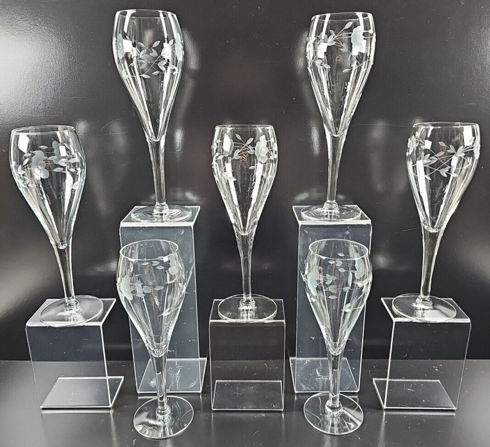 7 Princess House Heritage Champagne Tulips Set Clear Floral Etched Stemware Lot