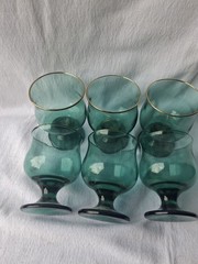 Vintage Libby Emerald Green Glasses 6 Pc Set Gold Rimmed Teardrop Stem
