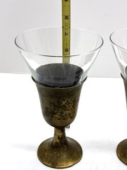 Vtg RARE Pair Handcrafted Brass Wine Goblets w/Removable Glass Beakers Patina