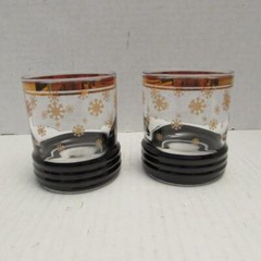 Set of 2 Vintage MCM Rocks Glasses w/Black Band and Gold Snowflakes (EUC)