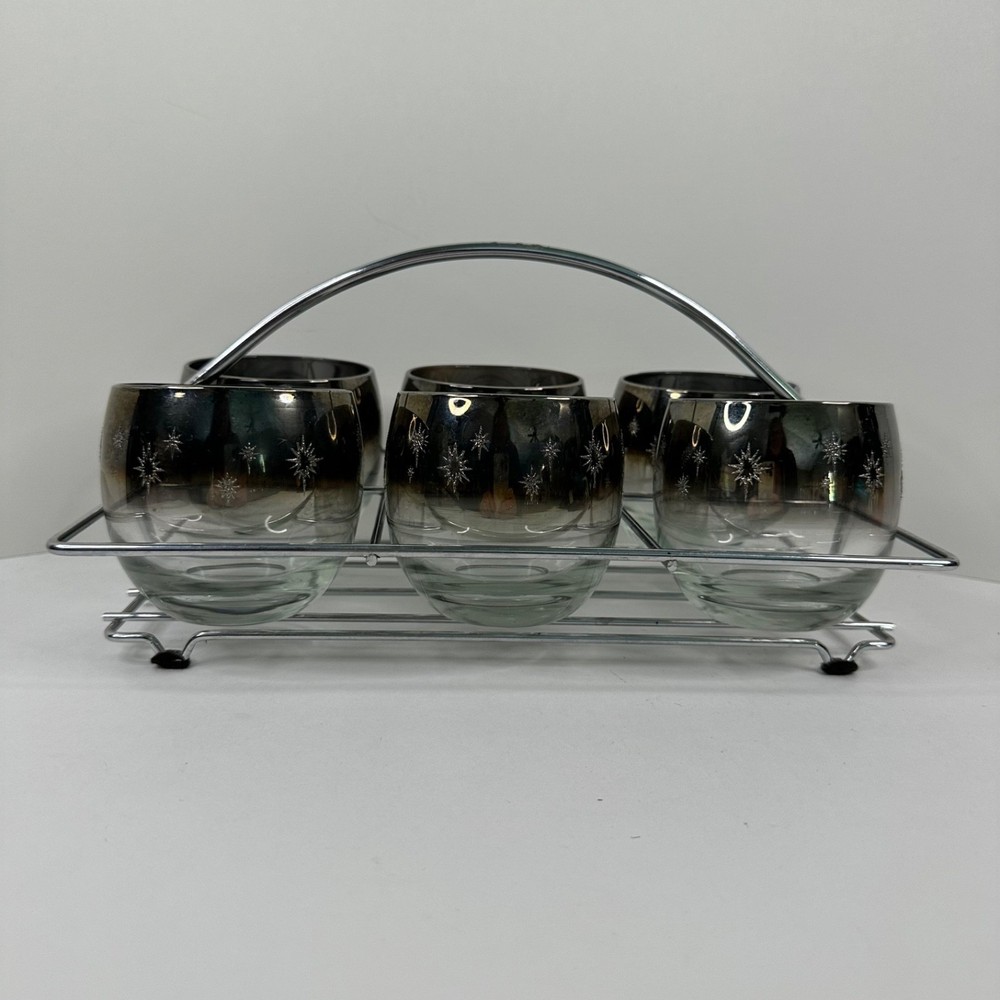 Vitreon Queen’s Lustreware Roly Poly Embossed Atomic Star Glasses w Chrome Caddy