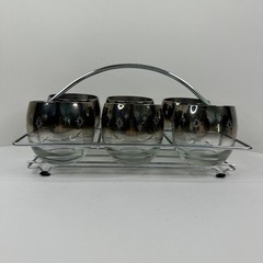 Vitreon Queen’s Lustreware Roly Poly Embossed Atomic Star Glasses w Chrome Caddy