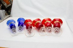 Set of 3 Interglass Italy Ruby Red or Blue Glasses 24 KT Gold Trim Wine Goblet
