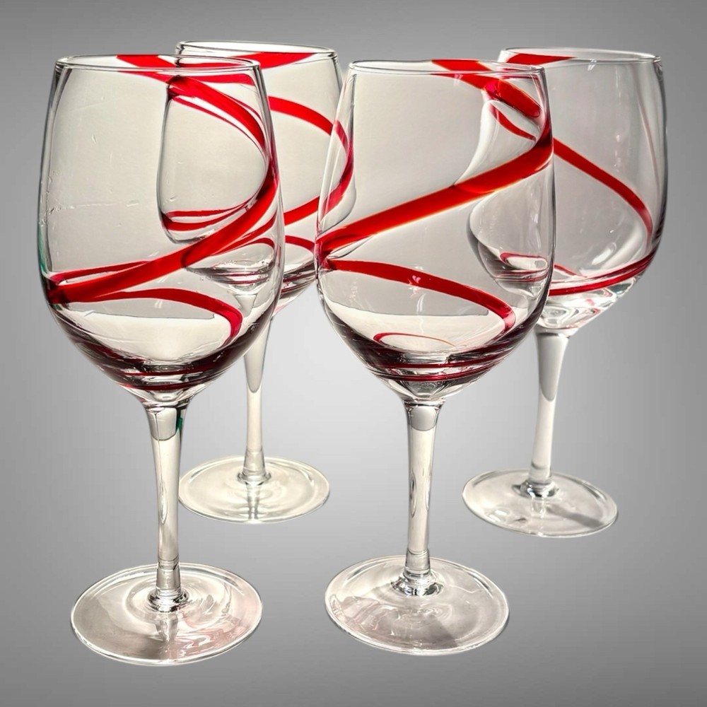 Pier 1 Imports Red Swirline Wine Glasses Goblets 8.75” Tall Hand Blown Set of 4