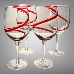 Pier 1 Imports Red Swirline Wine Glasses Goblets 8.75” Tall Hand Blown Set of 4