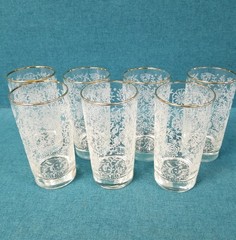 7 VTG Libbey Drinking Glasses w/ Etched Floral Lace & Gold Rim MCM