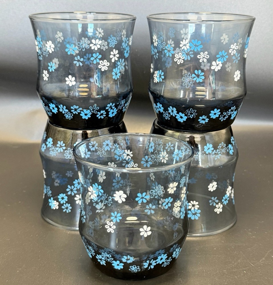Set of 5 Vintage 1970s Libbey Blue Daisy Strawflower Glass Tumblers Juice Glass