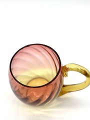 Blenko? Tangerine Amberina Art Glass Swirl Rib Optic Handle Cup 8oz Bar Ware
