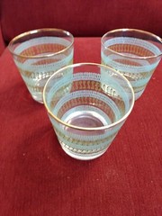 3 Vintage Libbey (Collins) Glasses Mid Century Modern Gold Aqua Green Enamel
