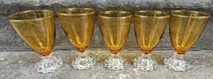 Vintage 5 Anchor Hocking 4.5″ Berwick Boopie Amber Candlewick Bubble Footed Gls.