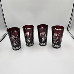 Set of 4 Bohemian Crystal Ruby Red Cut to Clear Tumblers Made In Poland Glasses