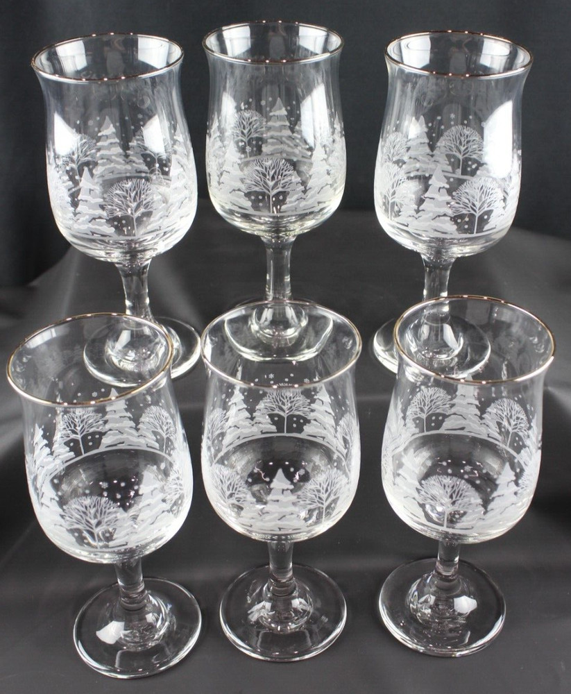 6 Arbys White Pines Tree Scene Wine Goblets Glasses Christmas Libbey Winter