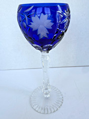Czech Bohemian Crystal Cobalt Blue Cut To Clear Stem Stemware Wine Glasse 8 1/8″