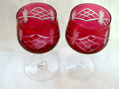 Pair of Hand-Blown Cut to Clear Vintage Cranberry Stained Wine Glasses