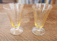 Set of 2 vintage Fostoria Trojan Topaz Yellow optic 5.25″ 9 oz Footed Tumblers