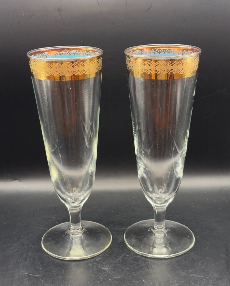 2 MCM Federal Glass Gold Rim Turquoise Underlay – 8.25″ Tall PILSNERS – HTF