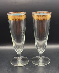 2 MCM Federal Glass Gold Rim Turquoise Underlay – 8.25″ Tall PILSNERS – HTF