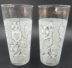 2 Mid Century Continental Can Co. Gold Trim White Rooster Eagle Juice Glasses