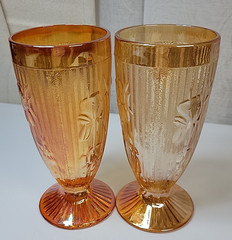 2Jeanette Iris Herringbone Marigold 6″ Footed Iridescent Carnival Glass Tumblers