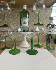 Tanqueray Copa Balloon Glasses Set of 6 Green Stem Glassware, collectable.