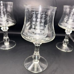 Crystal barware tulip shape clear Glasses ETCHED SHIP Nautical Ocean Set Of 3