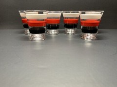 Fiesta Bands 4 Oz. Juice Glasses By Anchor Hocking, Red, White, Black Set Of 6