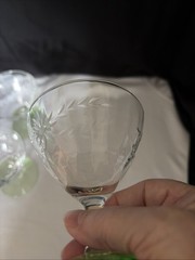 4 Clear Etched Optic Bowl & Green Uranium Foot Low Champagne Sherbet Glasses