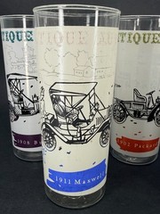 Set of 4 Anchor Hocking Antique Car Autos Frosted Glass Tumblers Vintage