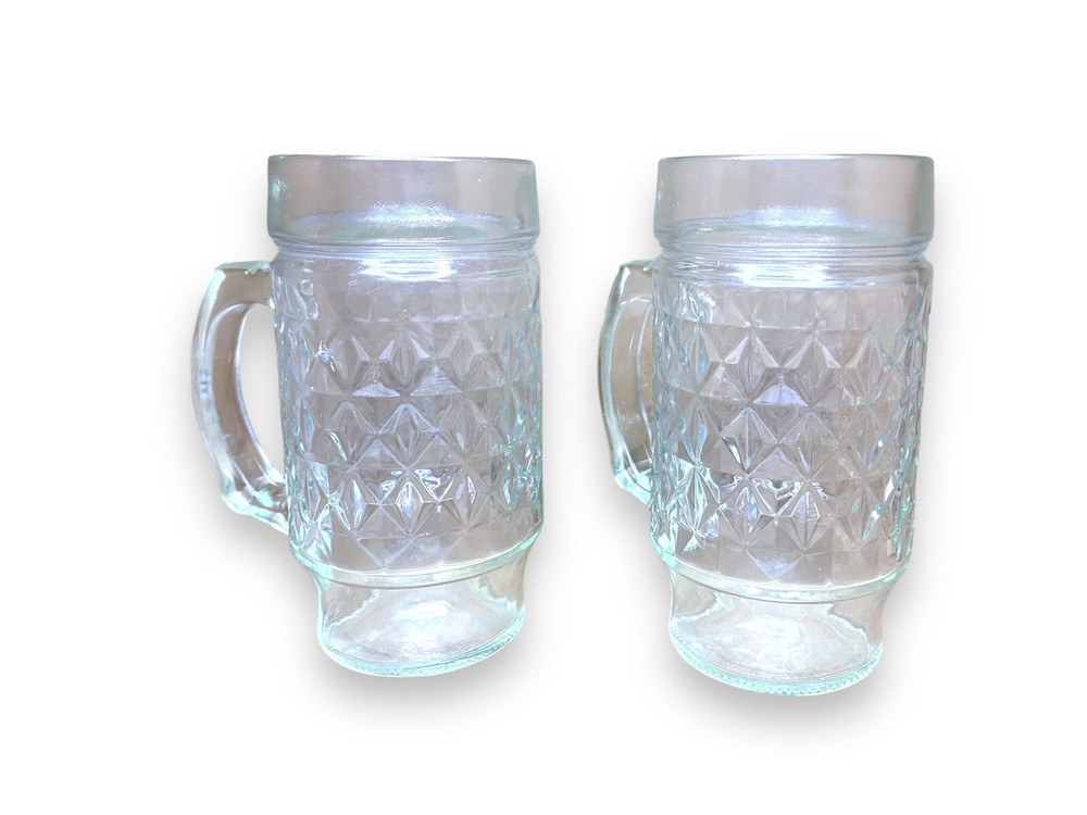 Set 2 Vintage MCM Quilt Glass Footed Handled Tumbler Diamond Pattern Mugs 21 /10